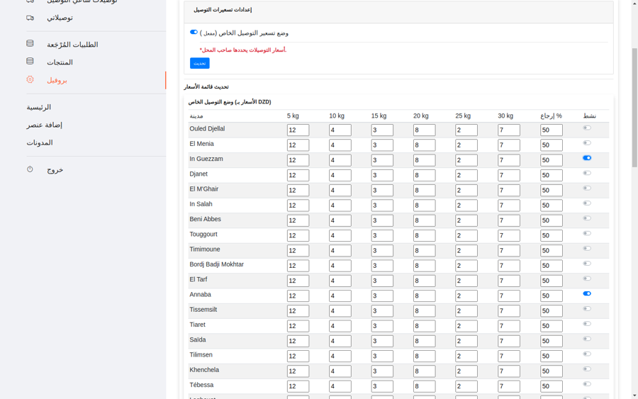 أسعار التوصيل حسب المدن في الجزائر